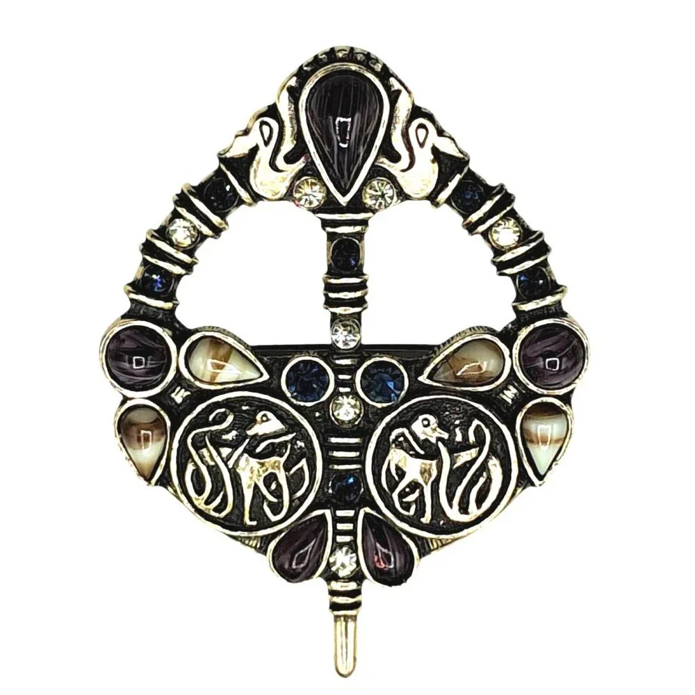 Sol Dor Art Glass Brooch Celtic Irish Rhinestone Pin Signed Costume Jewelry Vint